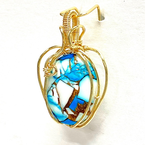 HANDCRAFTED Blue Dahlia Cabochon Hand Wrapped Pendant, Artisan Jewelry Gift Her - Picture 5 of 9